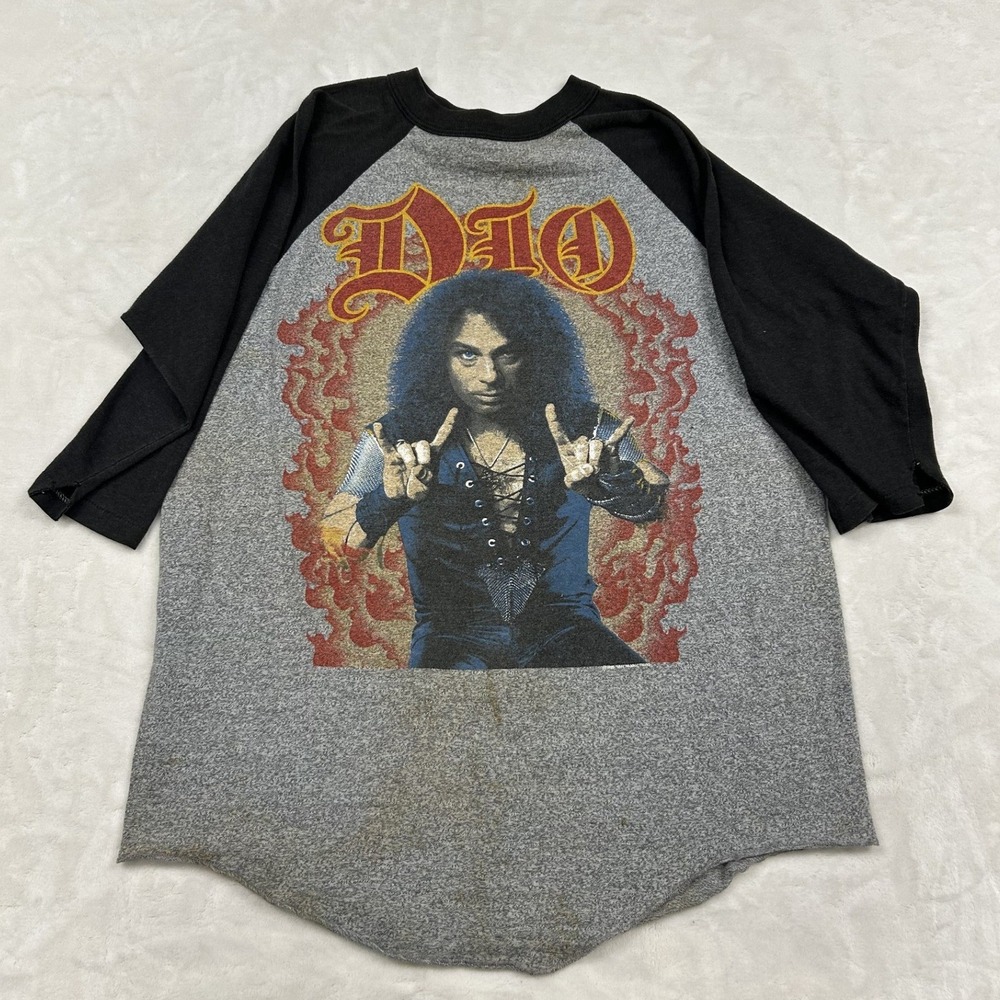 Signal Dio Raglan Shirt Mens XL Gray Black Vintage 80s Band Tee Distressed